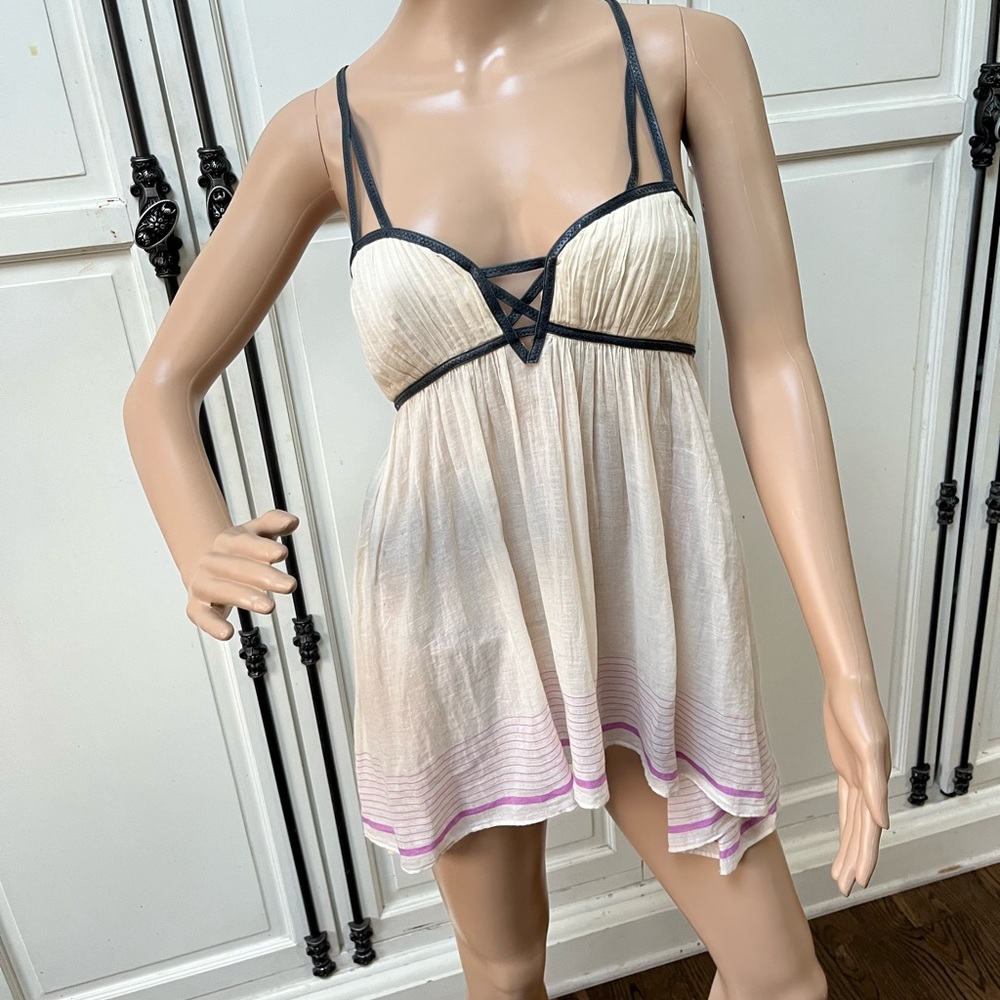Women’s handkerchief tank with blue leather strap detailing